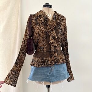 Vintage 90s y2k Women's Leopard Animal Print Ruffle Lace Trim Top Brown Grunge